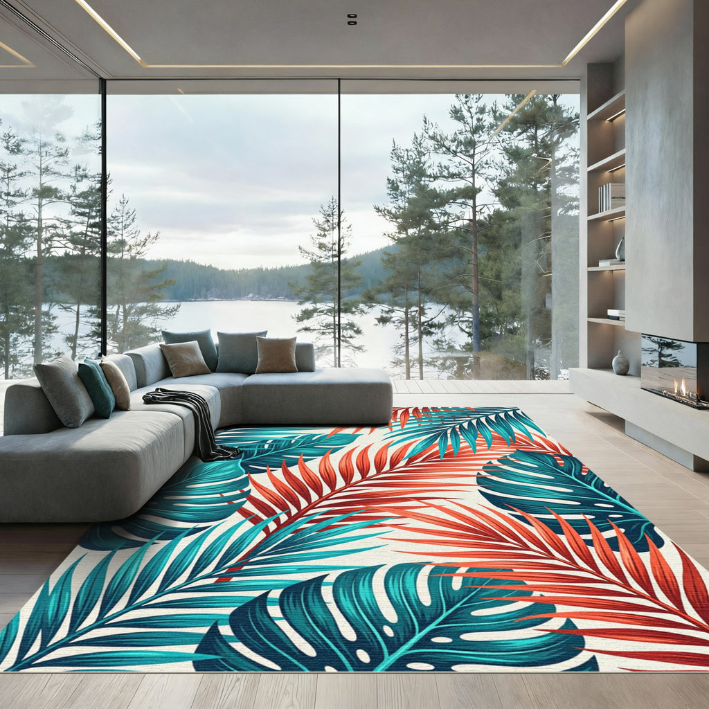 Tropical Coral Teal Palm Leaves Rug