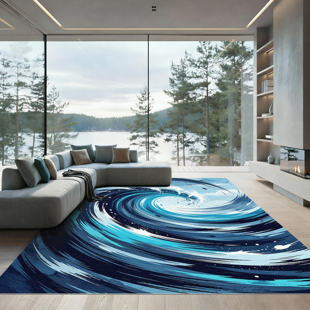 Deep Blue Swirling Ocean Wave Rug
