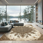 Ornate Tan Scrollwork Mandala Rug