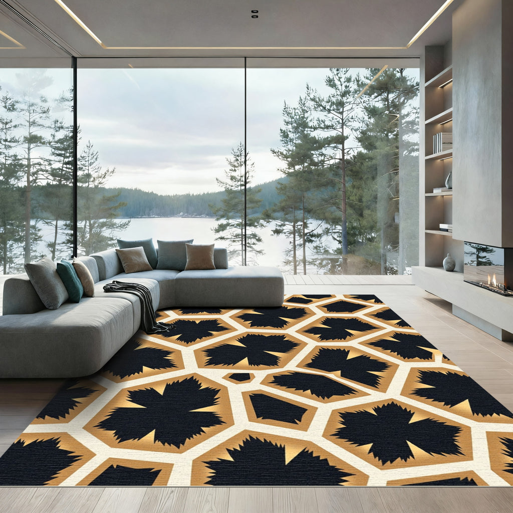 Geometric Gold Black Ochre Cells Rug