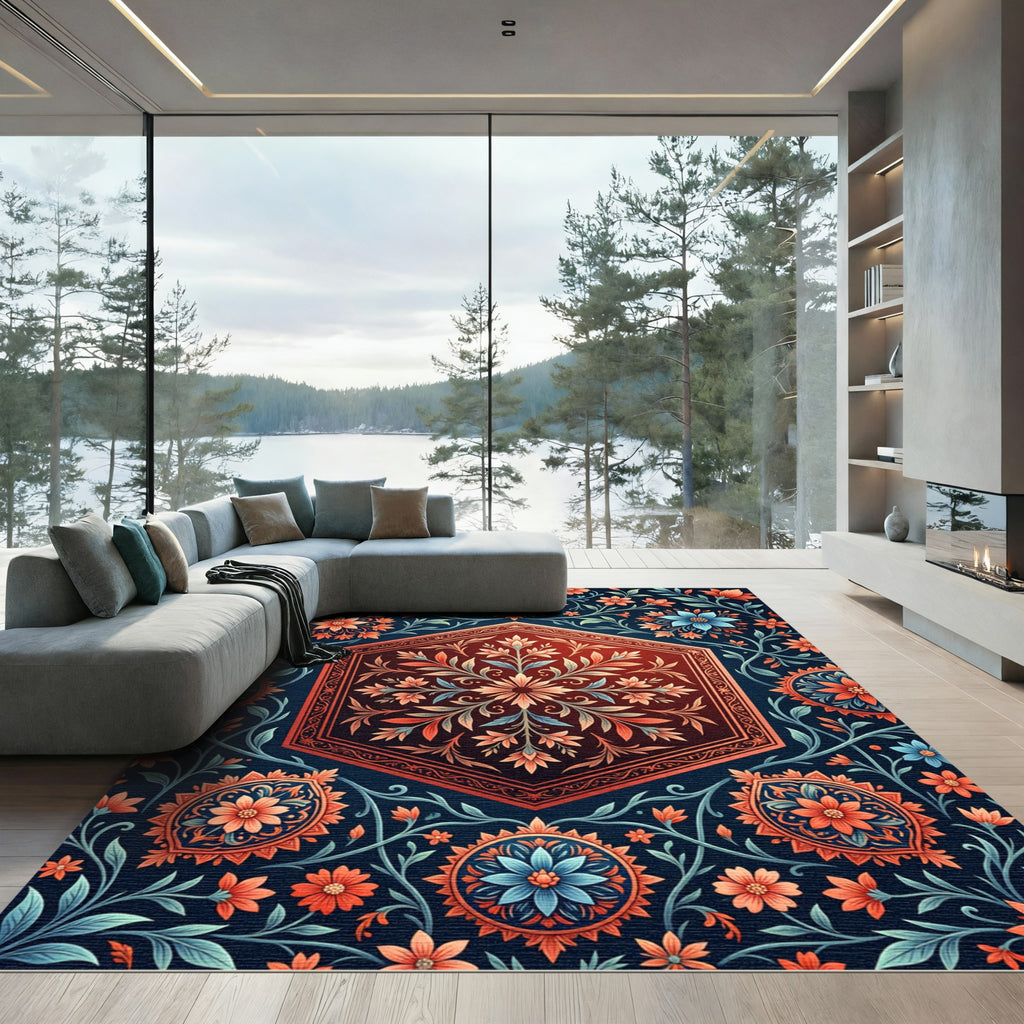 Hexagonal Crimson Floral Medallion Rug