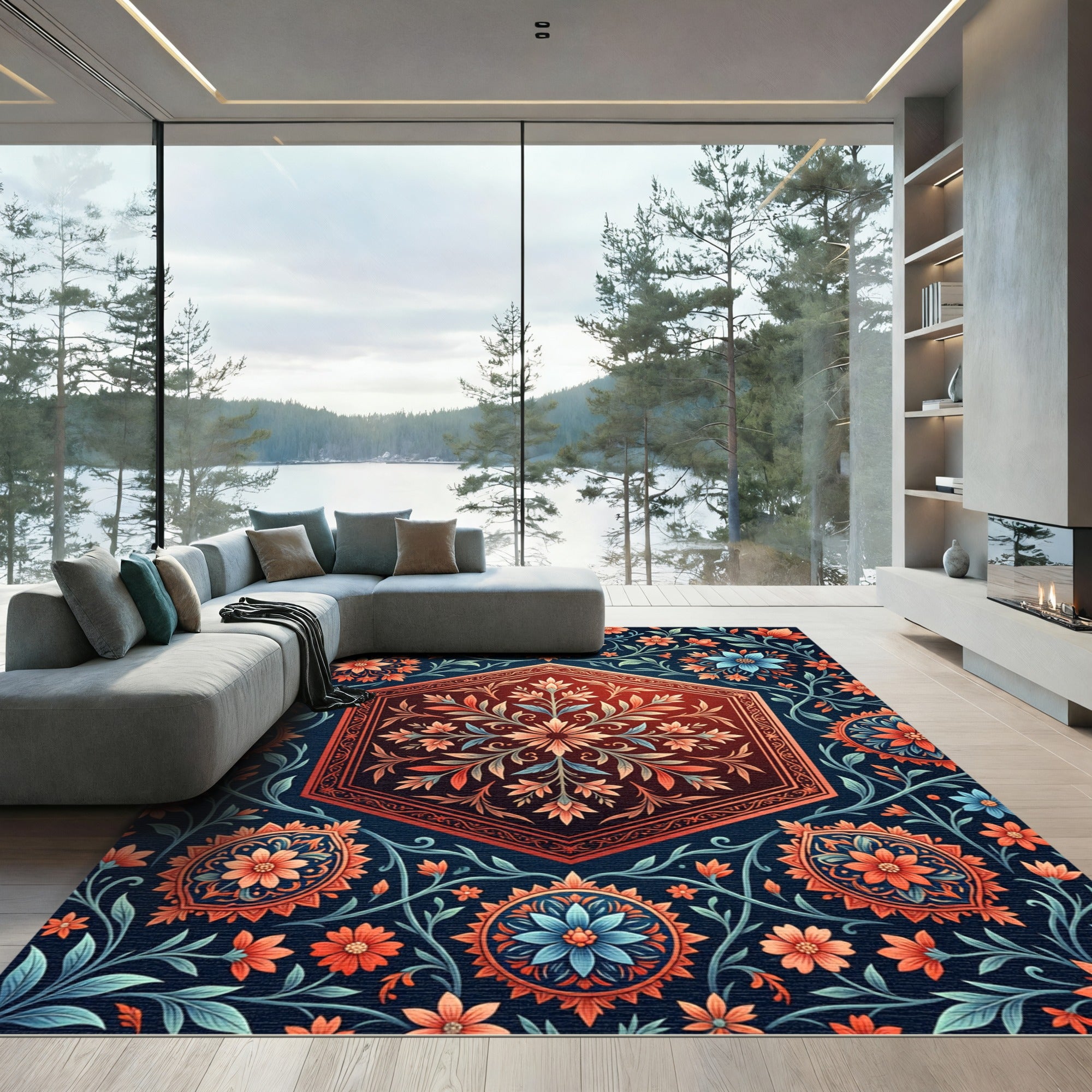 Hexagonal Crimson Floral Medallion Rug