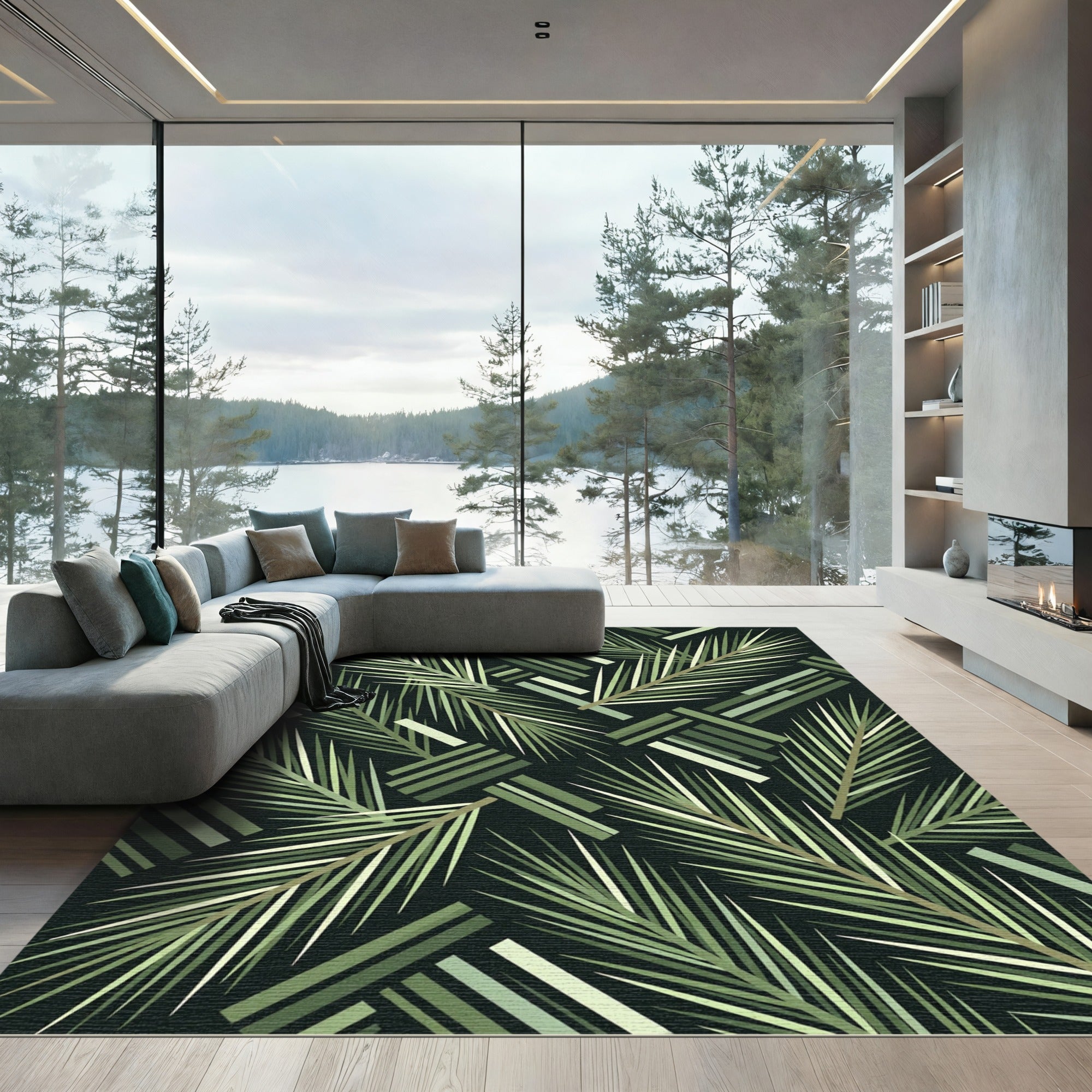 Green Tropical Palm Frond Weave Rug