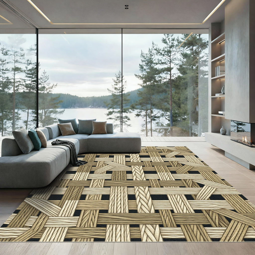 Natural Woven Texture Interlocking Bars Rug