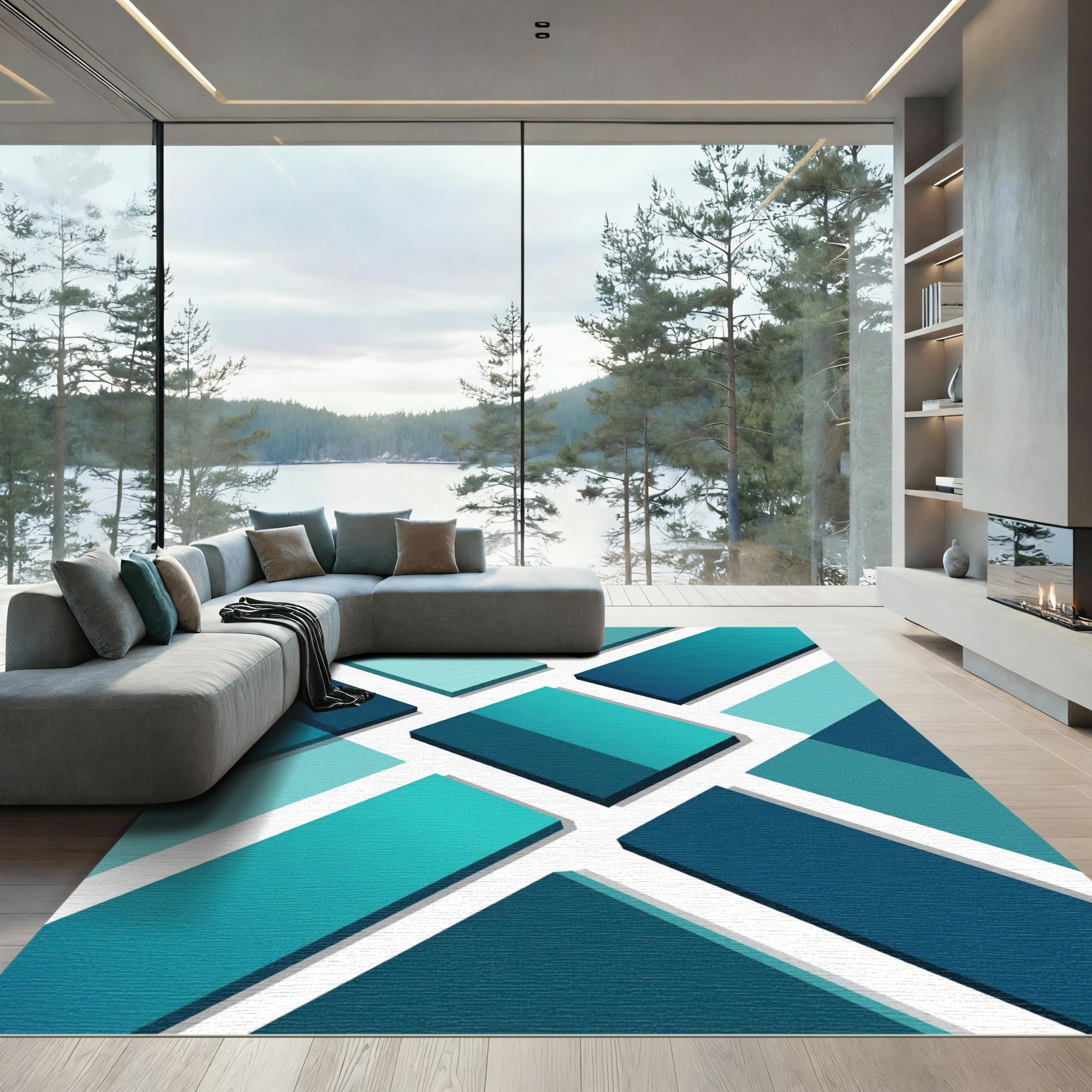 Geometric Teal Layered Block Square Rug