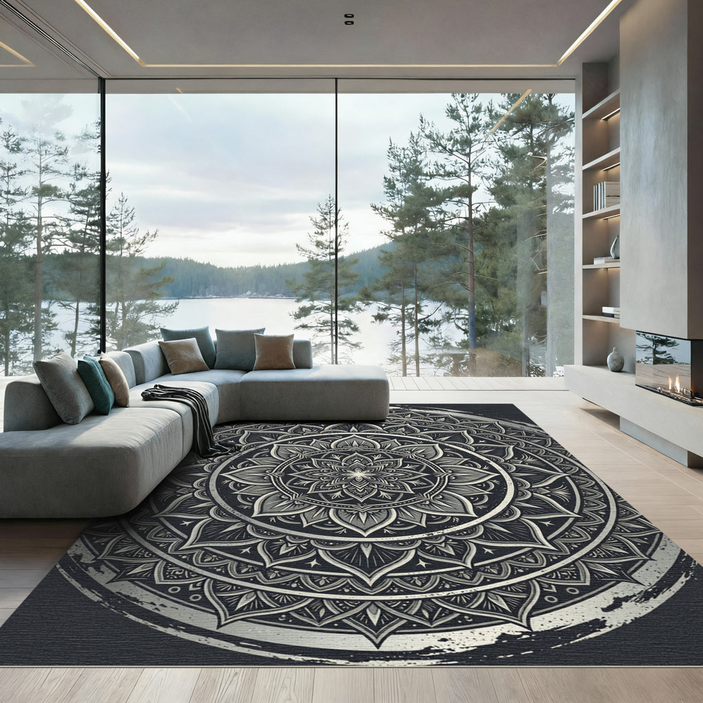 Monochrome Silver Circular Mandala Medallion Rug