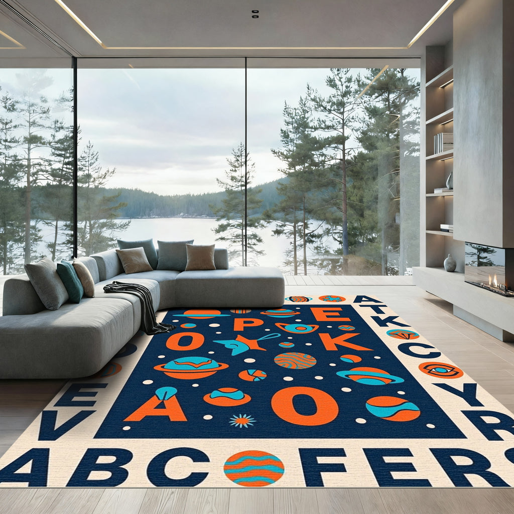 Retro Space Alphabet Orange Teal Rug