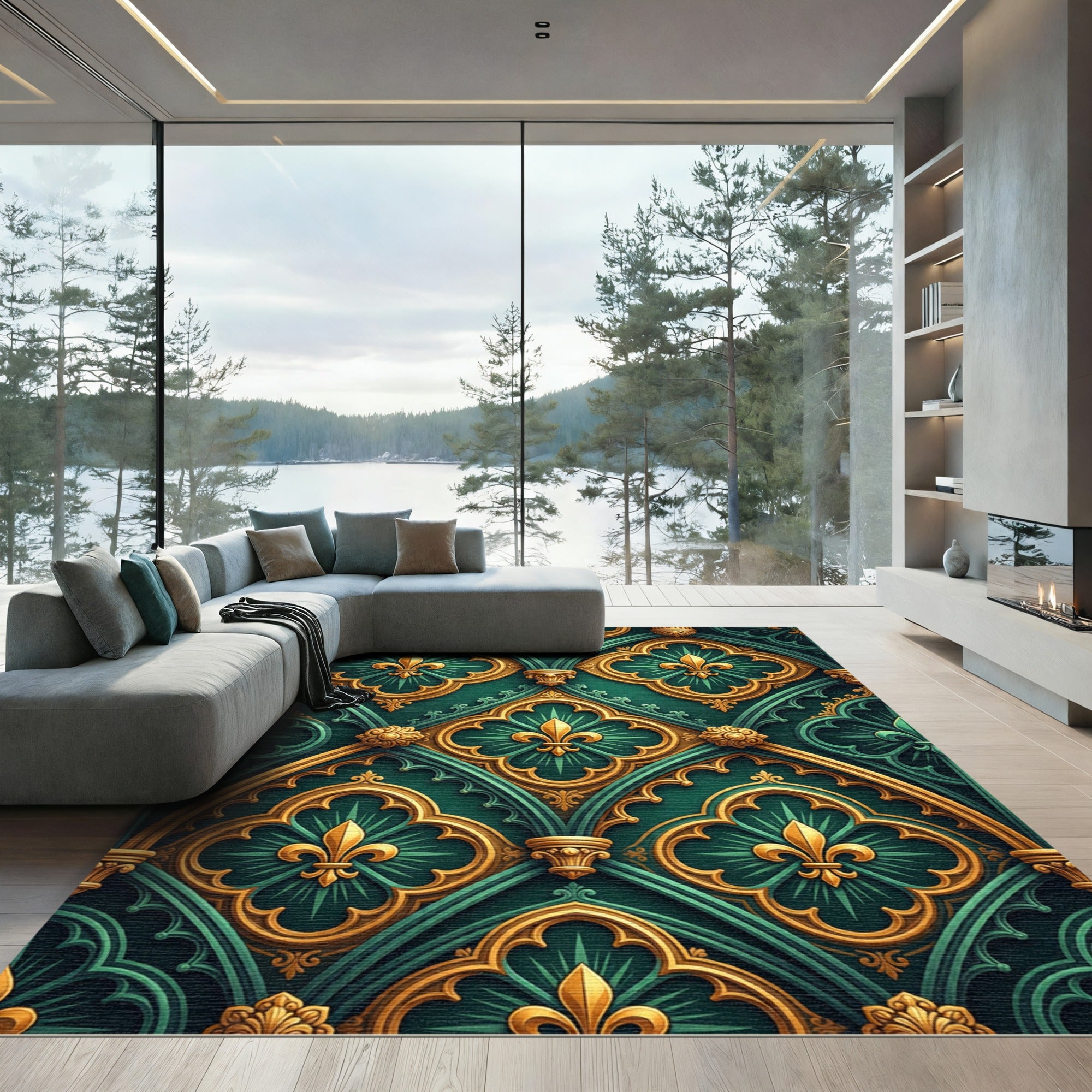 Emerald Gold Gothic Fleur-de-lis Lattice Rug