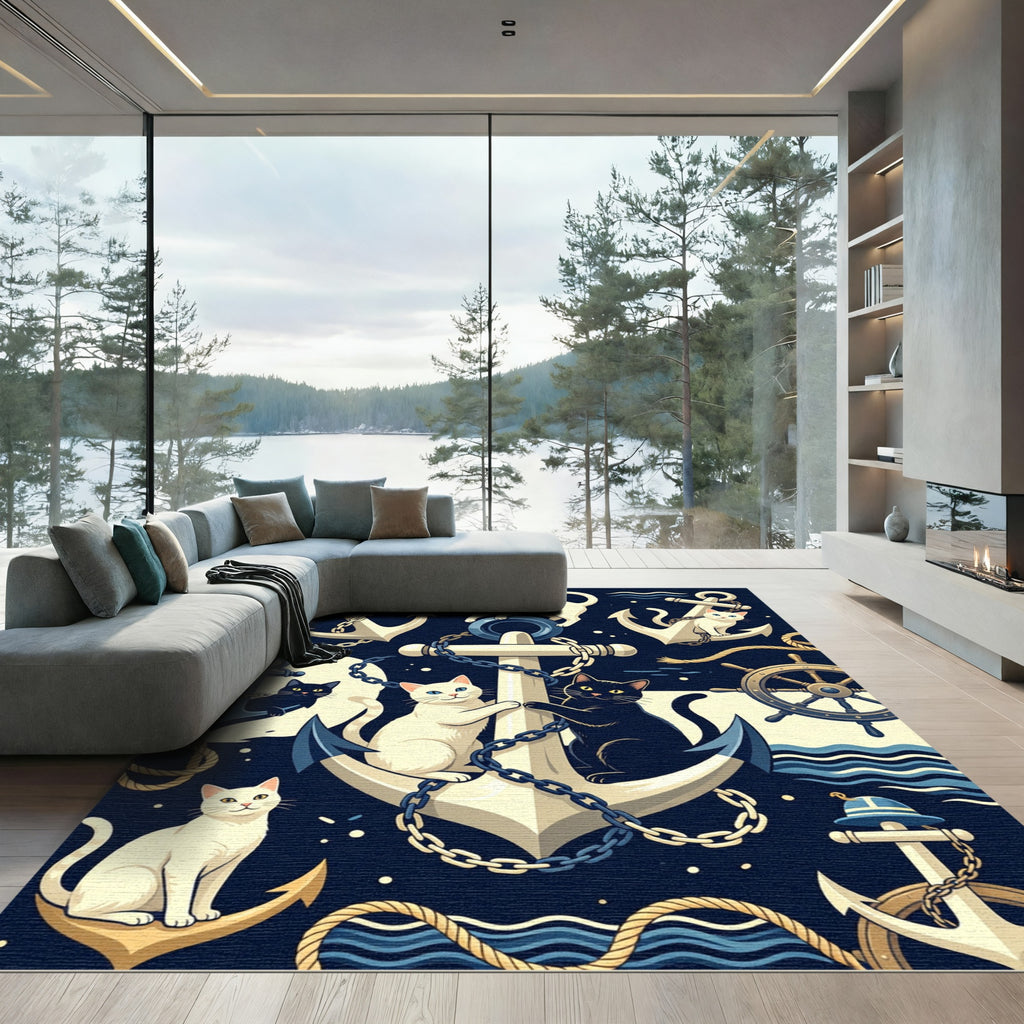 Nautical Cats Anchors Maritime Whimsy Rug