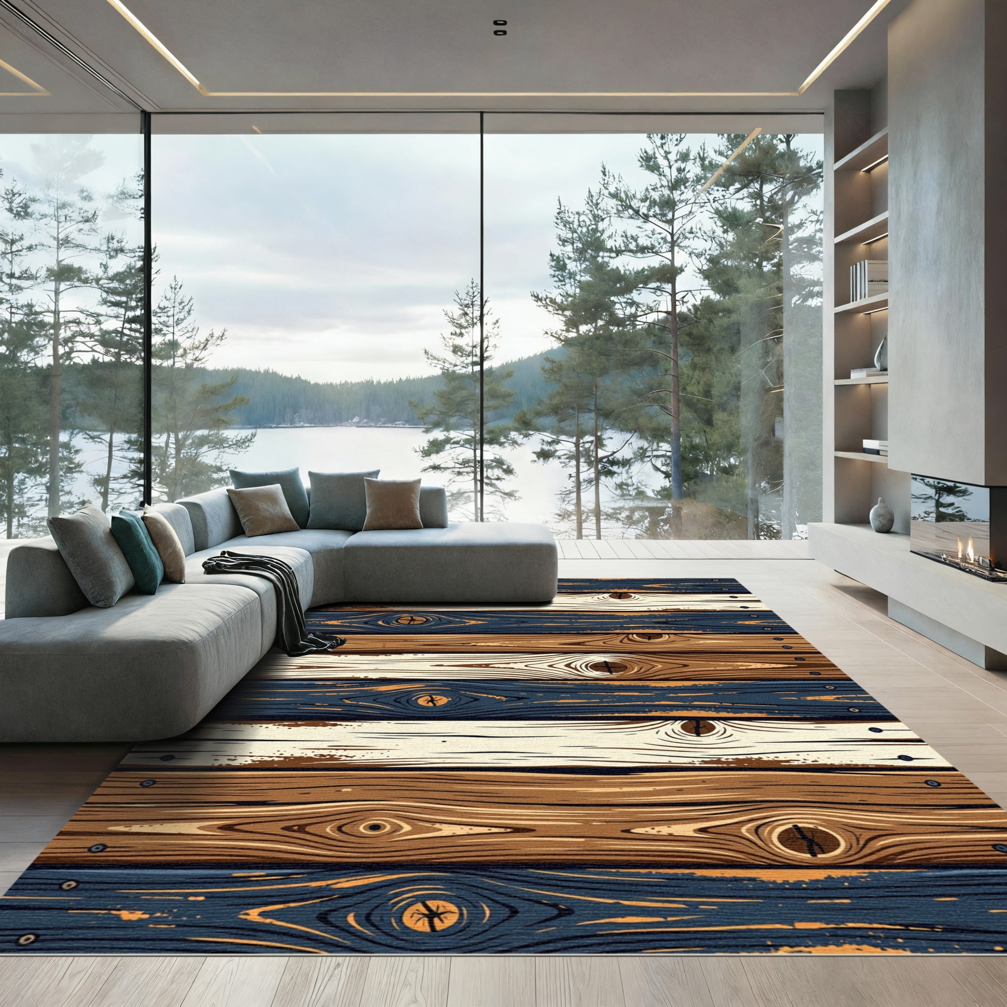 Rustic Multicolored Wood Plank Grain Rug