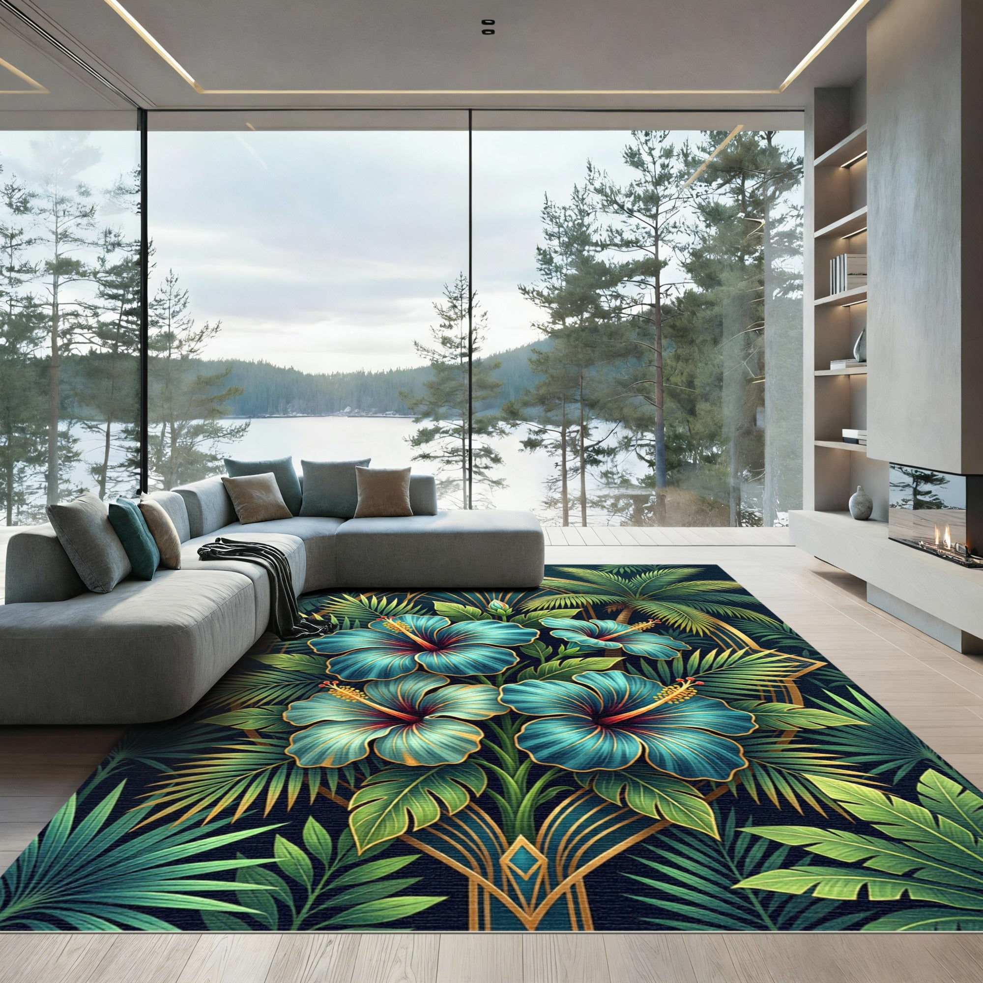 Art Deco Teal Hibiscus Palm Garden Rug
