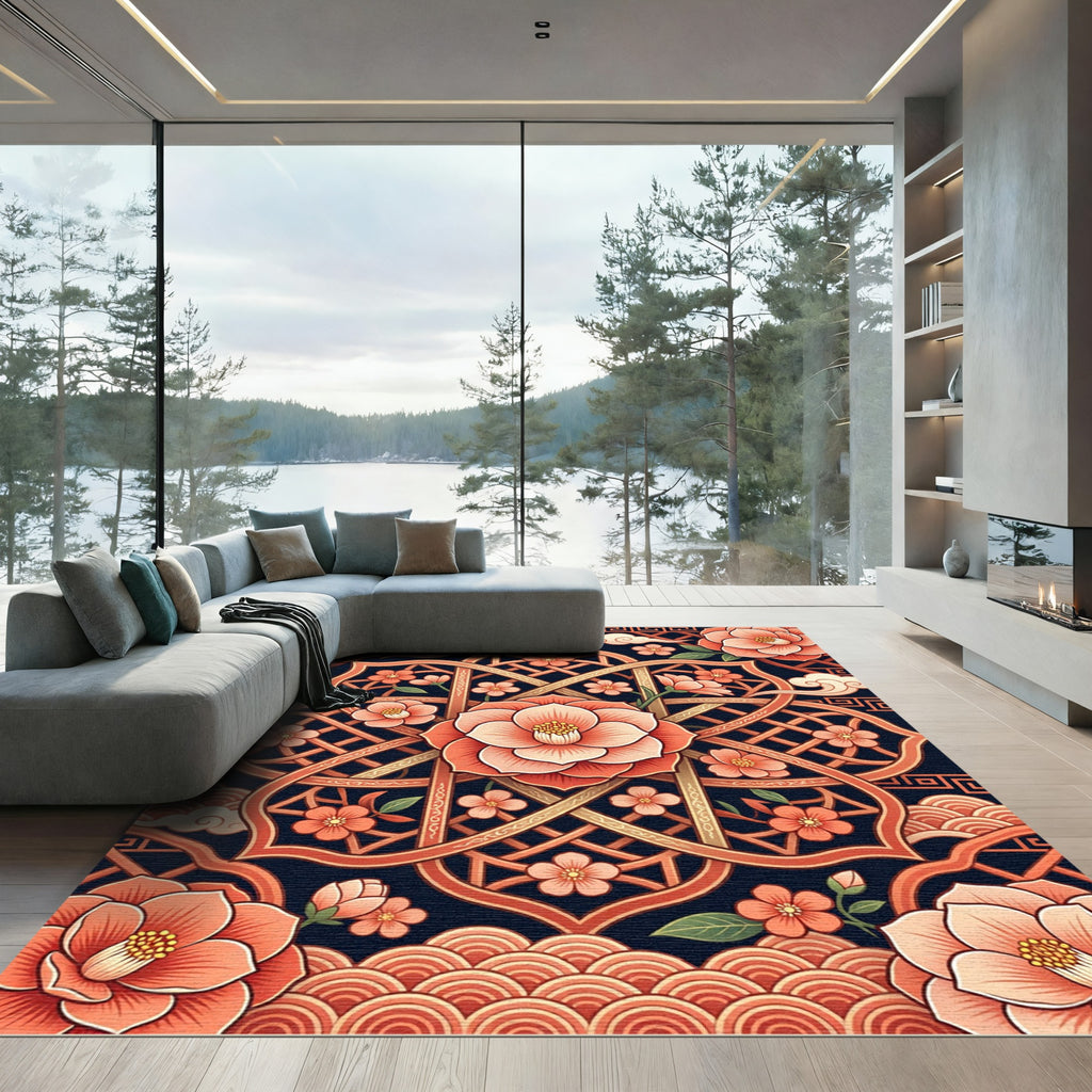 Elegant Coral Camellia Geometric Lattice Rug