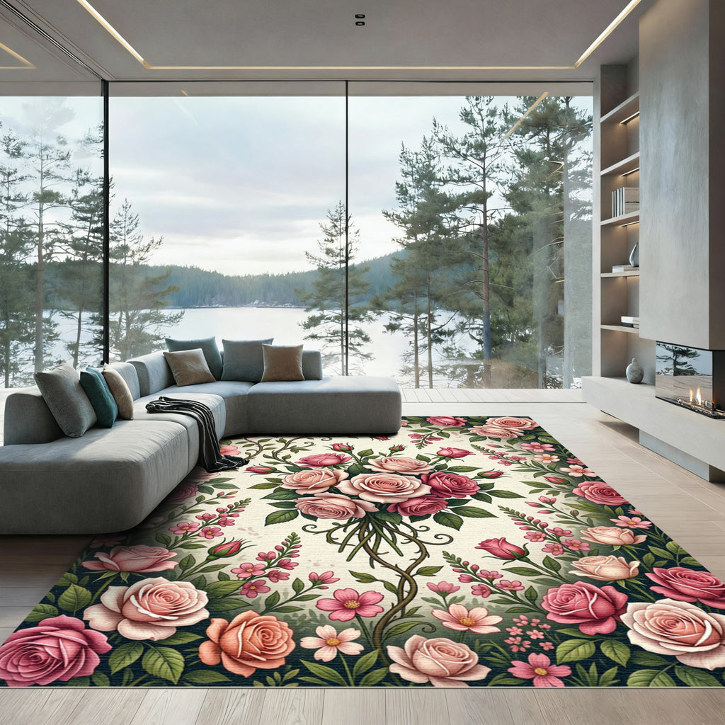 Pink Rose Garden Border Arrangement Rug