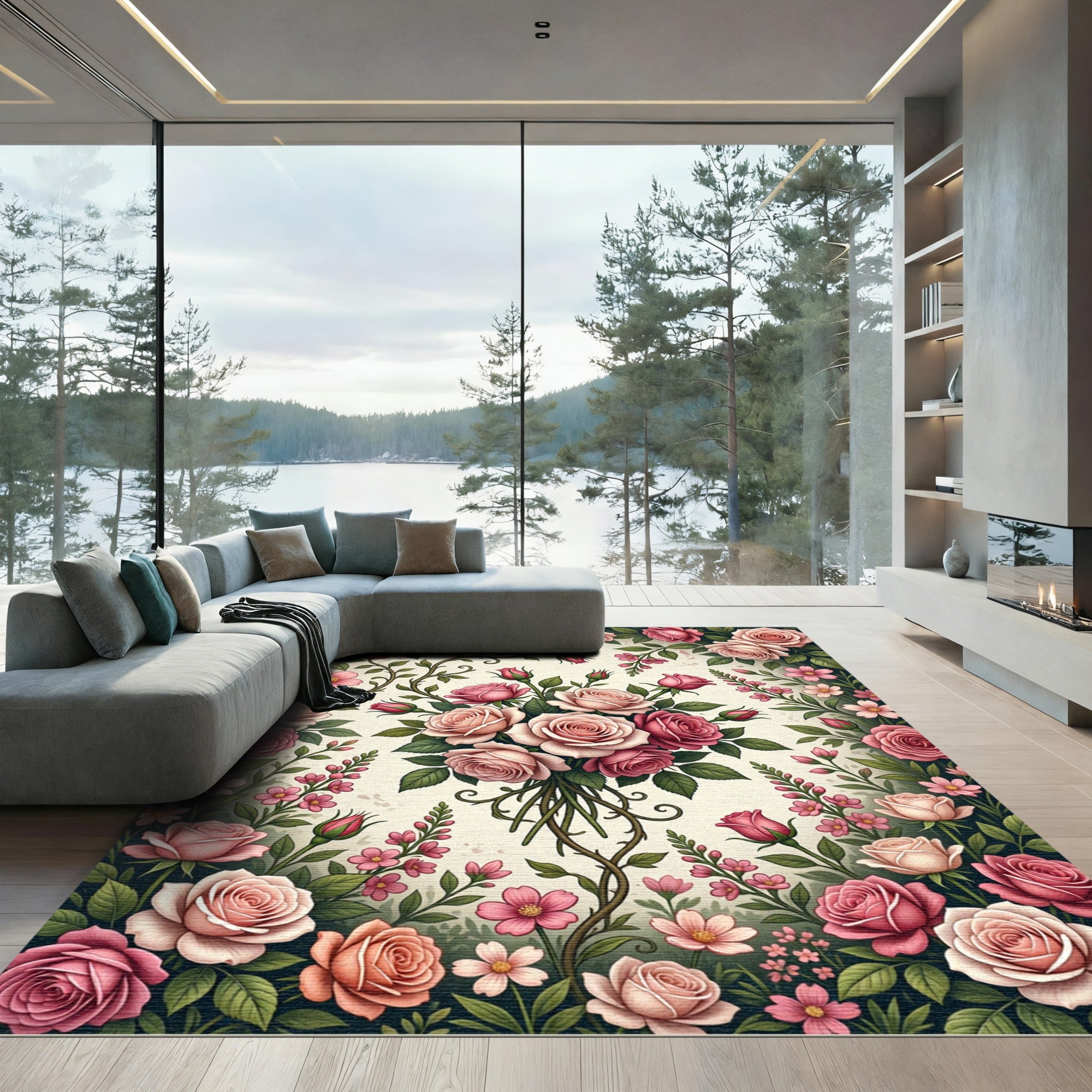 Pink Rose Garden Border Arrangement Rug