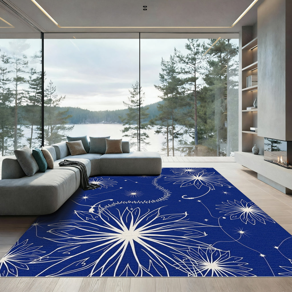 Deep Blue White Floral Starburst Rug