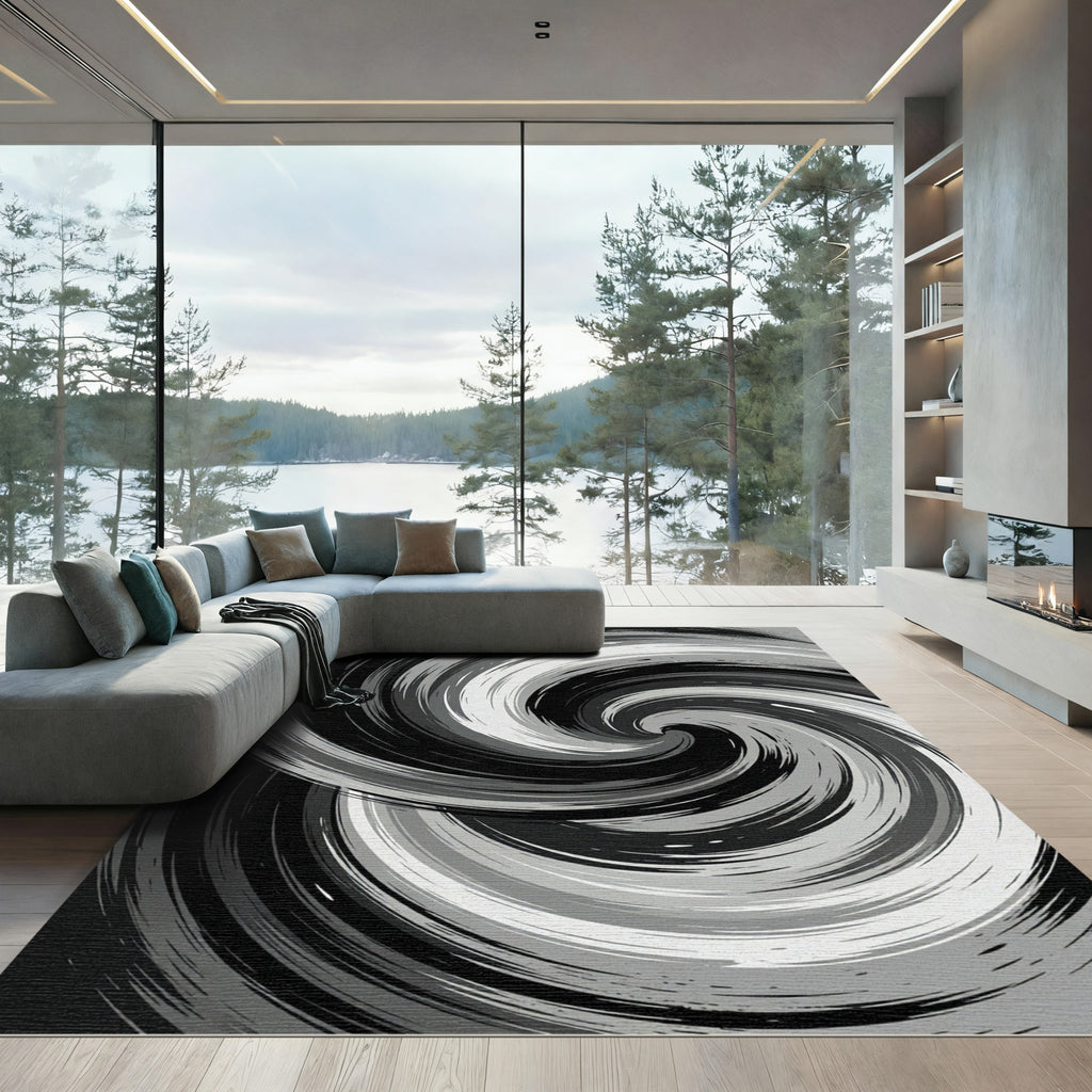 Modern Monochrome Swirling Abstract Accent Rug