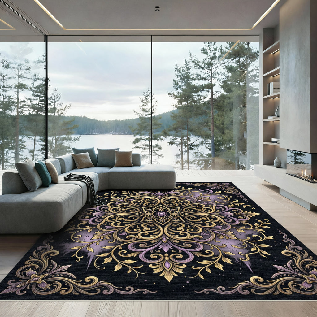 Elegant Gold and Lavender Floral Mandala Rug