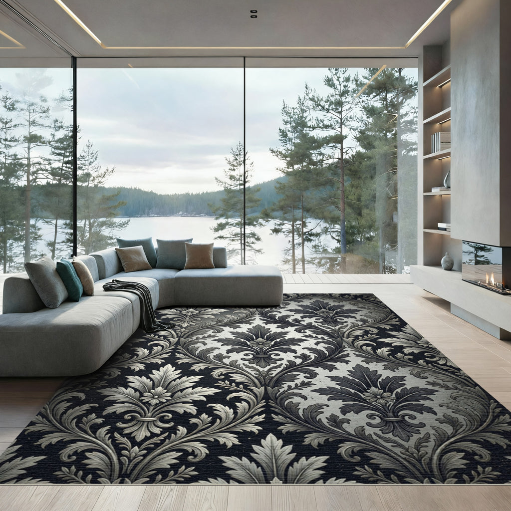 Elegant Monochrome Black Damask Scroll Rug