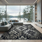 Elegant Monochrome Black Damask Scroll Rug