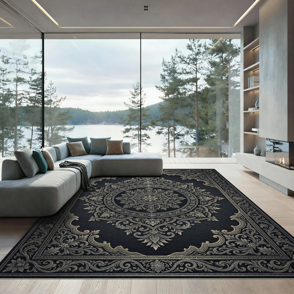 Ornate Charcoal Silver Floral Medallion Rug