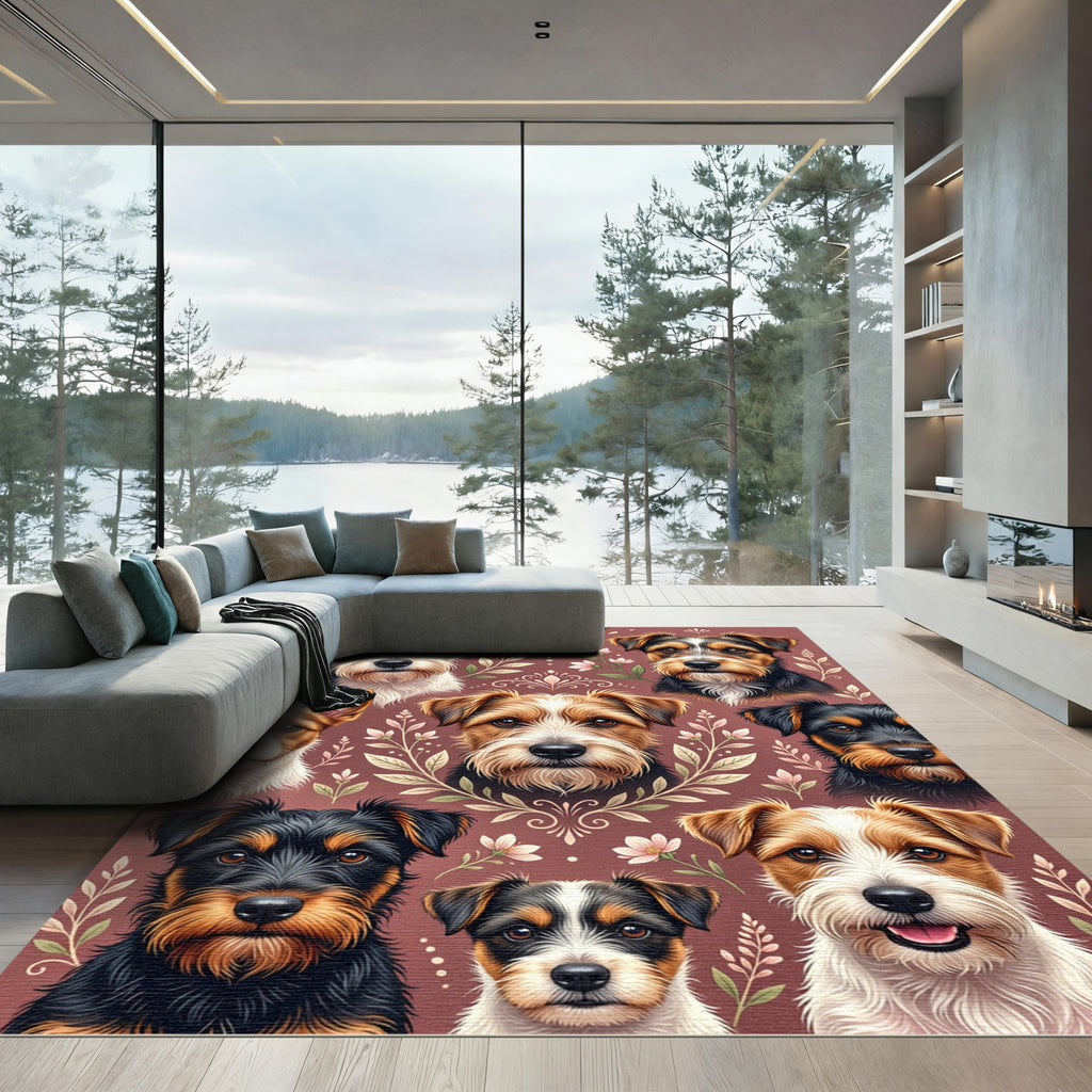 Whimsical Terrier Dog Floral Earthy Tapestry Rug