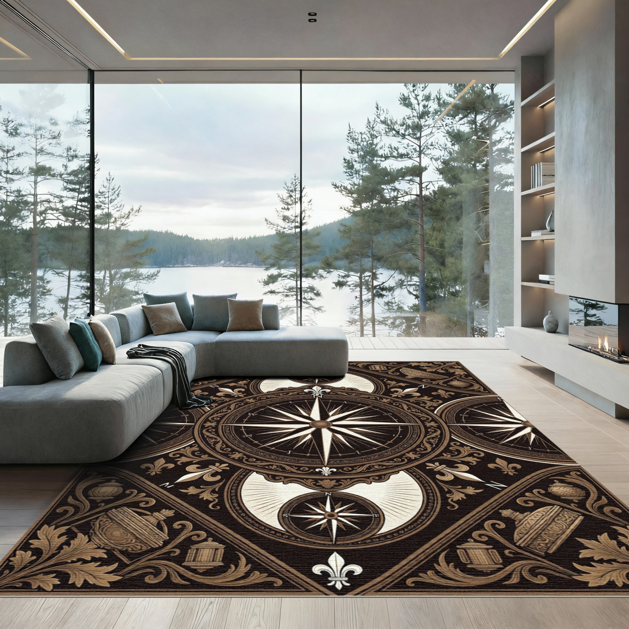 Ornate Compass Rose Fleur de Lis Rug