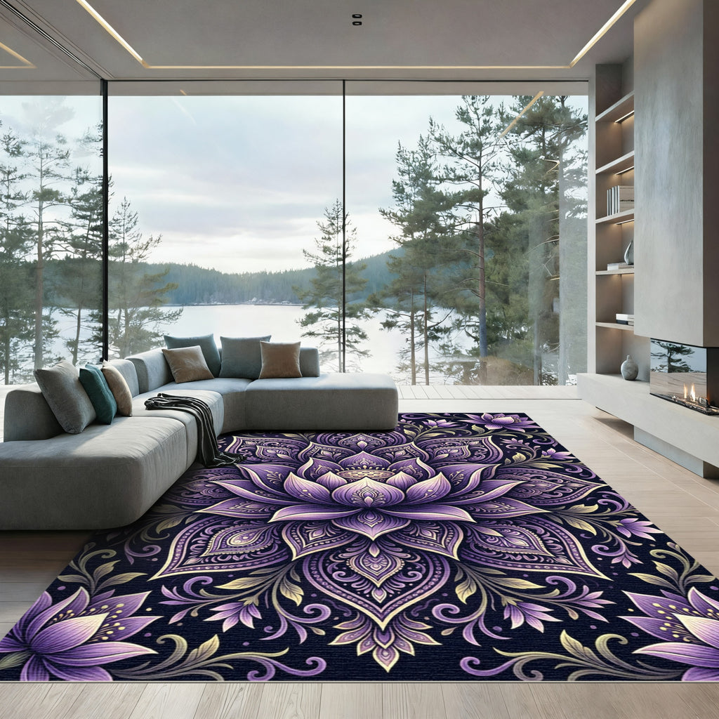Purple Lotus Mandala with Vine Accents Rug