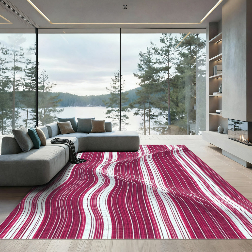 Deep Crimson Vertical Wavy Stripe Rug
