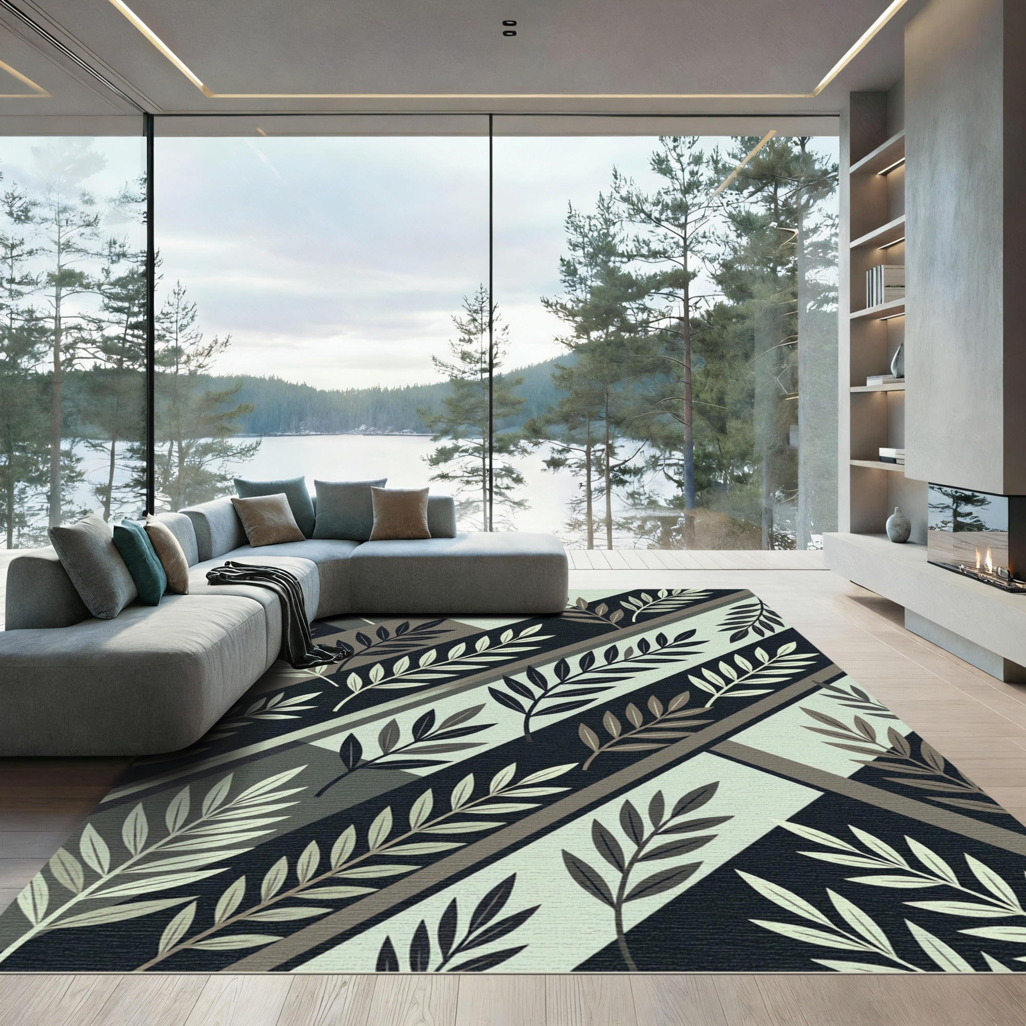 Sophisticated Sage and Charcoal Diagonal Leaf Rug