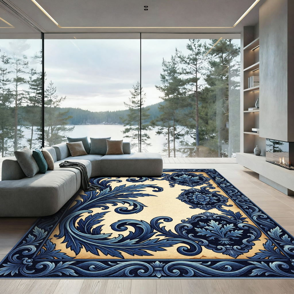 Elegant Navy Blue Acanthus Scroll Damask Rug