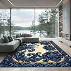 Elegant Navy Blue Acanthus Scroll Damask Rug