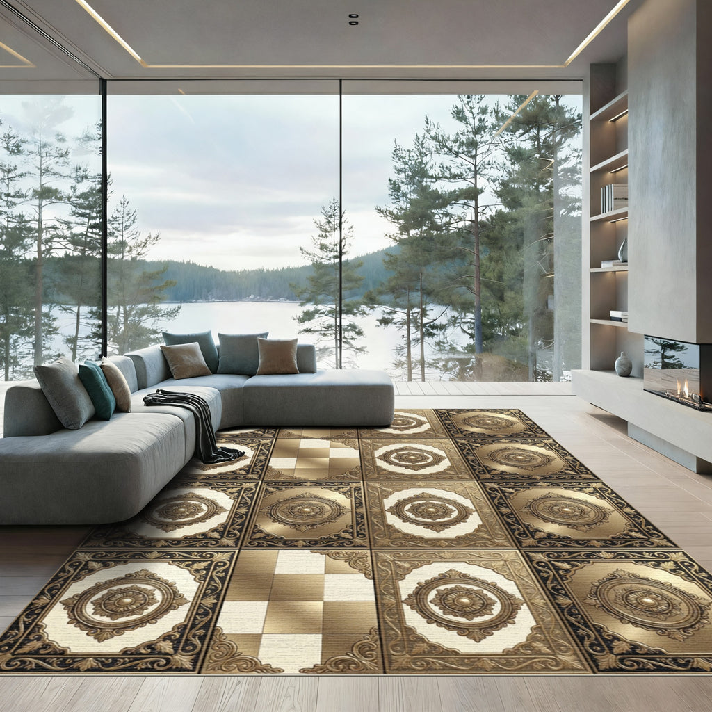 Gold Ornamental Damask Medallion Rug