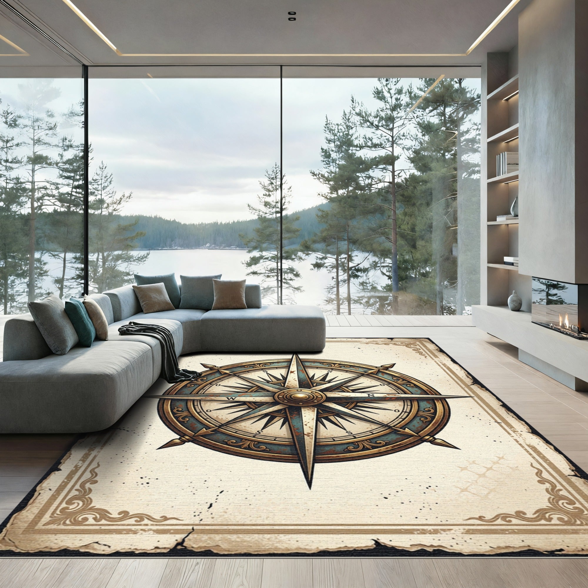 Antique Nautical Compass Gold Teal Medallion Rug