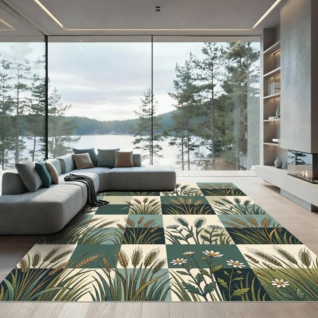 Sage Green Wheat and Daisy Grid Rug