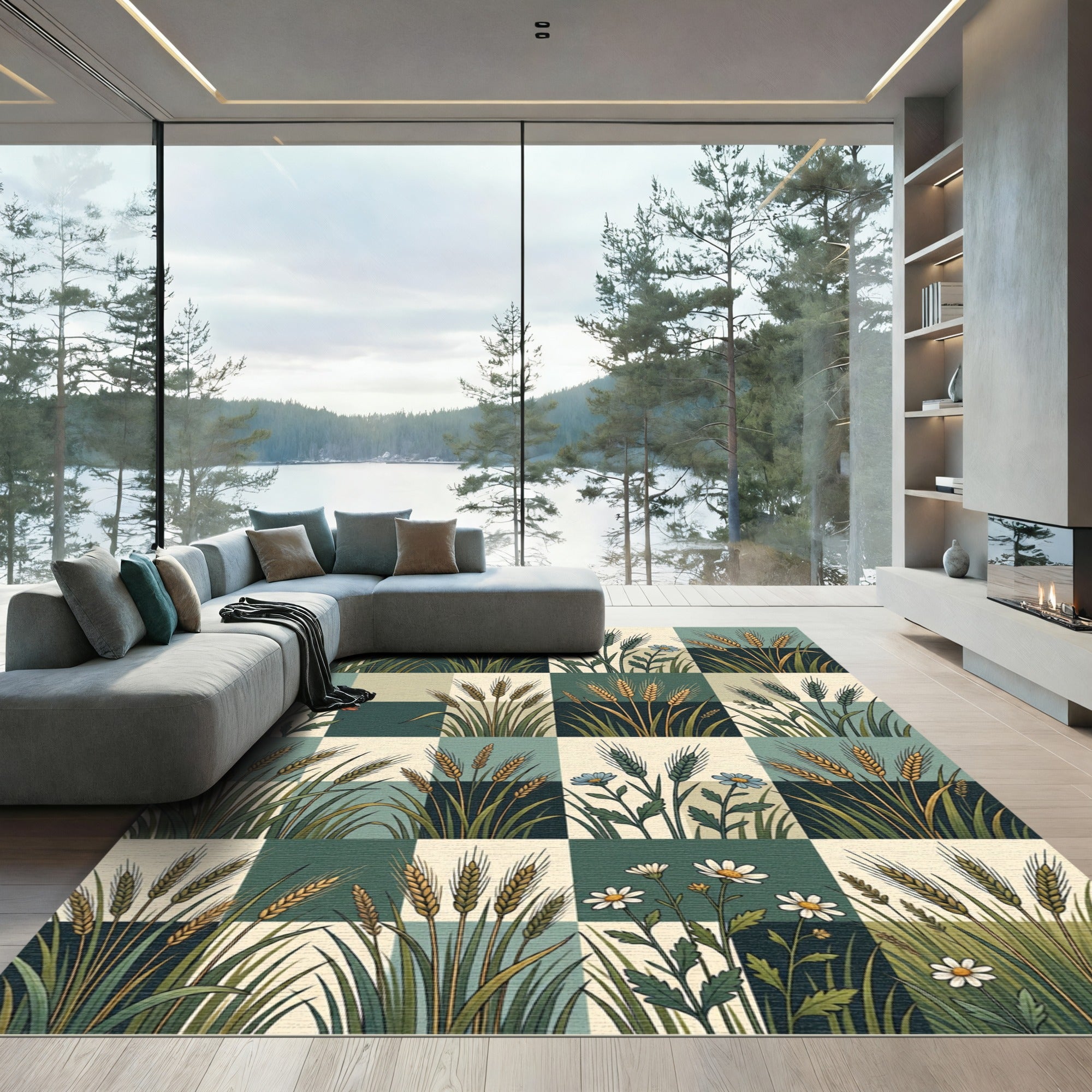 Sage Green Wheat and Daisy Grid Rug