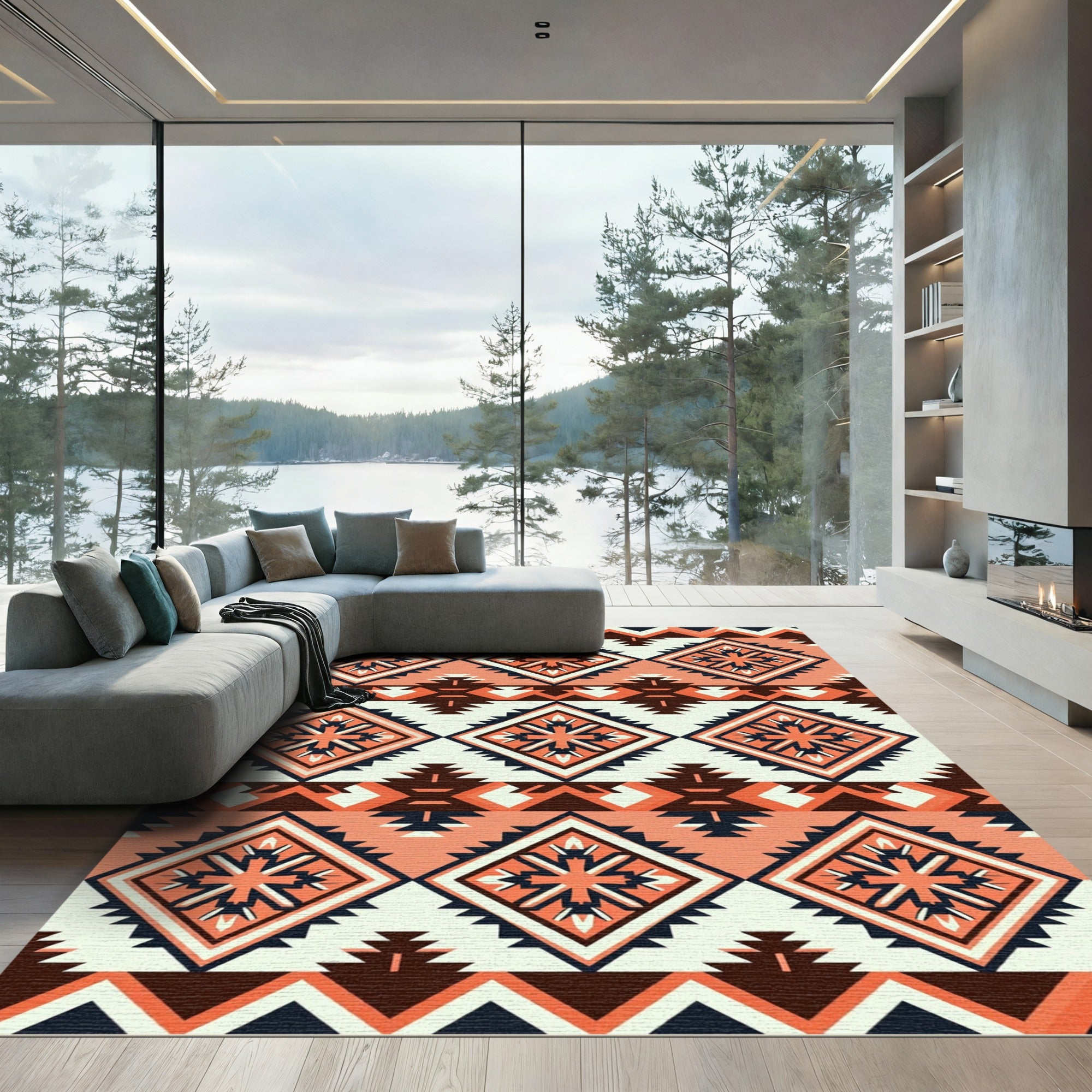 Coral Diamond Tribal Sunburst Rug