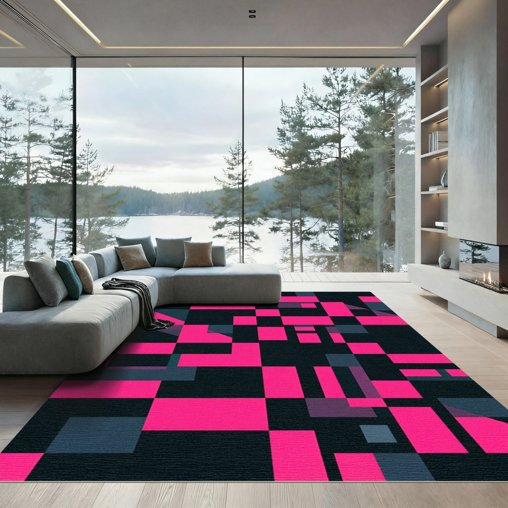 Bold Hot Pink Geometric Grid Rug