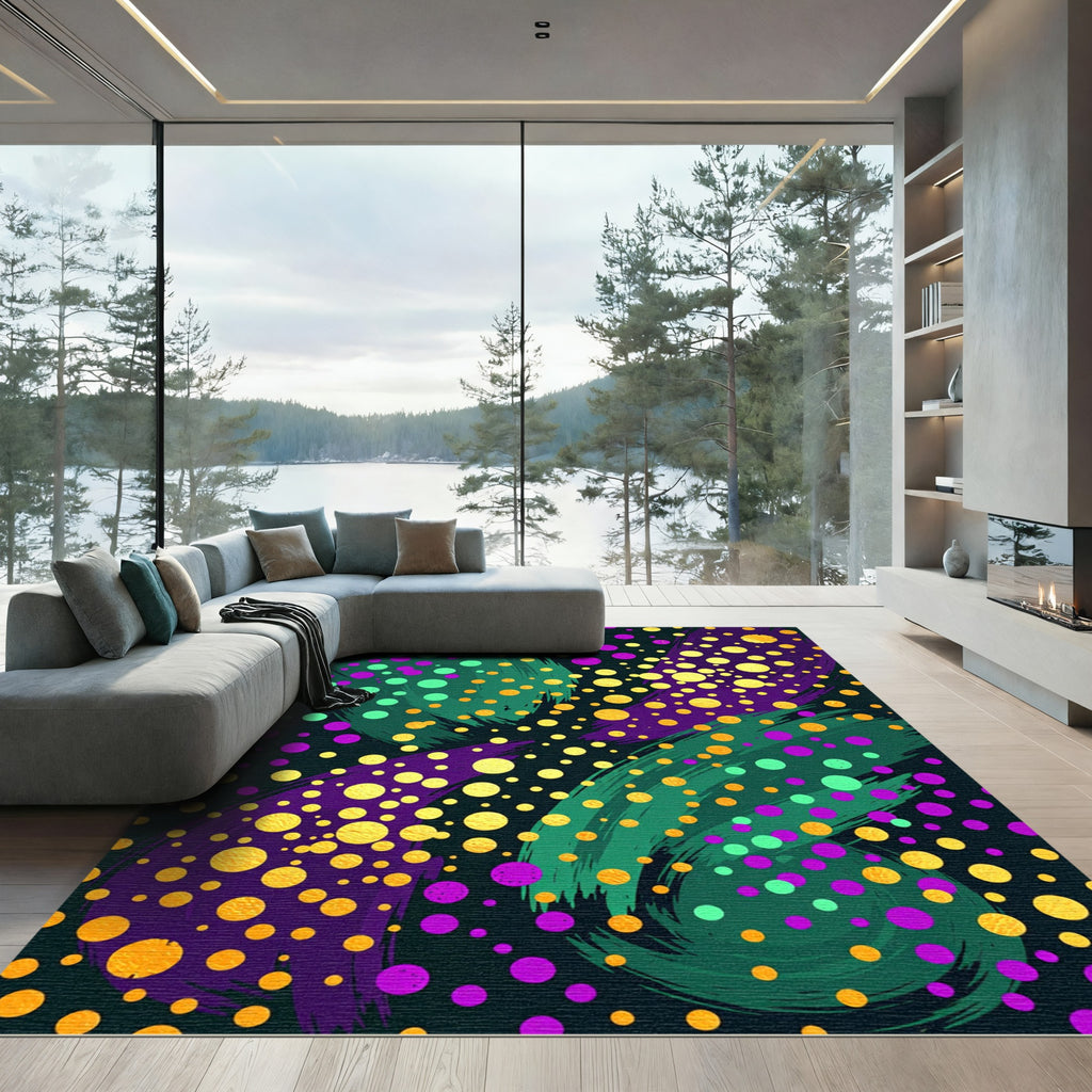 Golden Confetti Swirl Abstract Teal Purple Rug