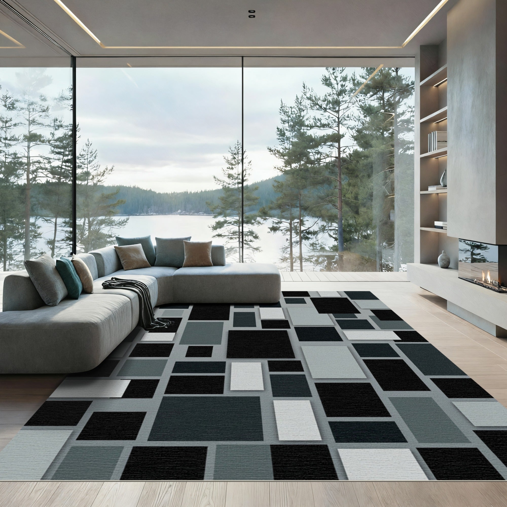 Modern Monochromatic Abstract Block Grid Rug