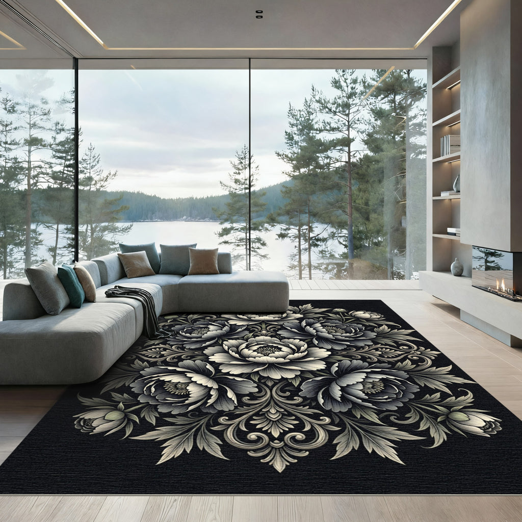Monochromatic Floral Scroll Mandala Rug