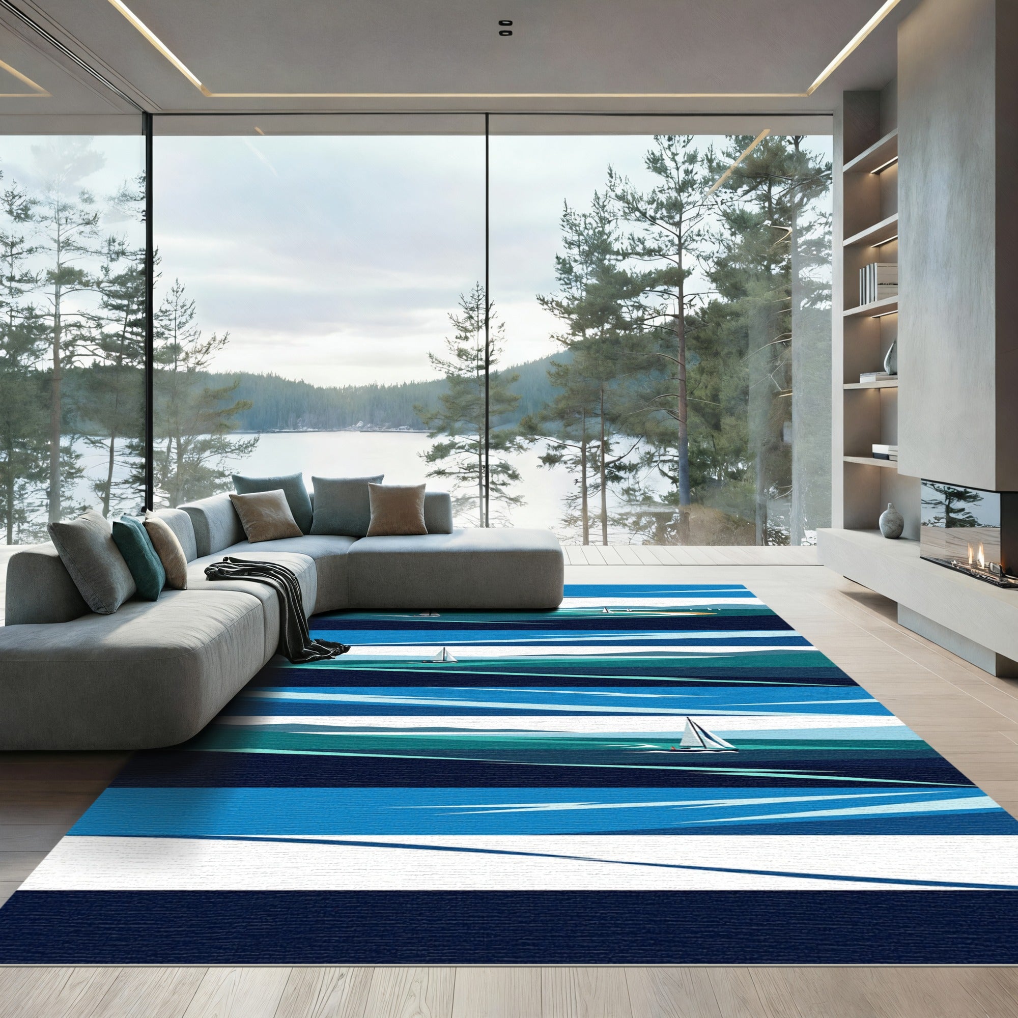 Abstract Blue Nautical Sailing Landscape Rug