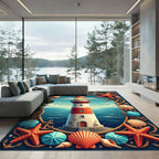 Coastal Lighthouse Starfish Seashell Rope Border Rug
