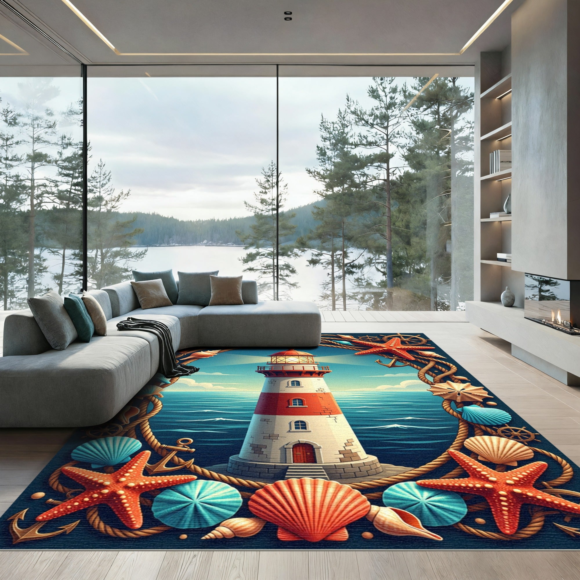 Coastal Lighthouse Starfish Seashell Rope Border Rug