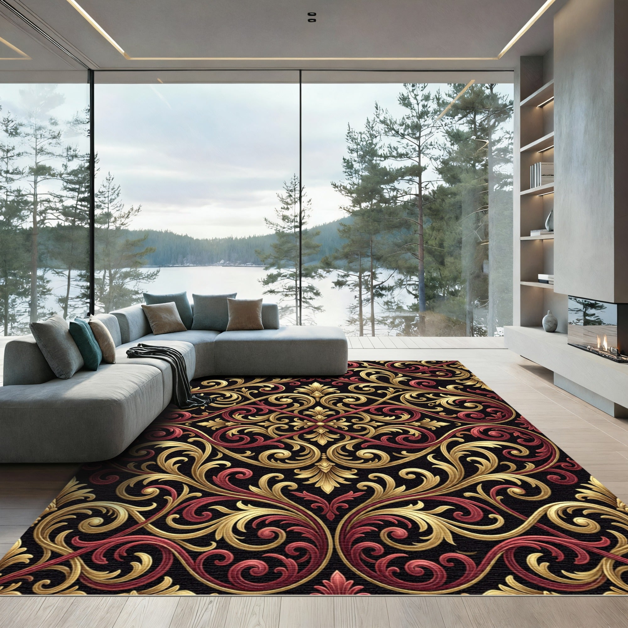 Gold and Crimson Baroque Scrollwork Rug