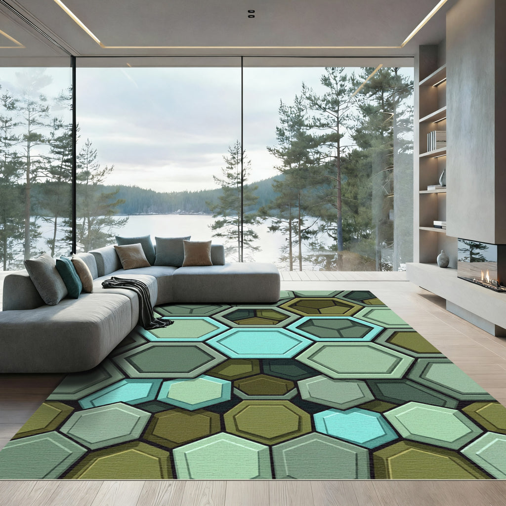 Modern Teal and Sage Hexagonal Grid Rug
