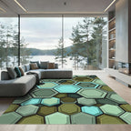 Modern Teal and Sage Hexagonal Grid Rug