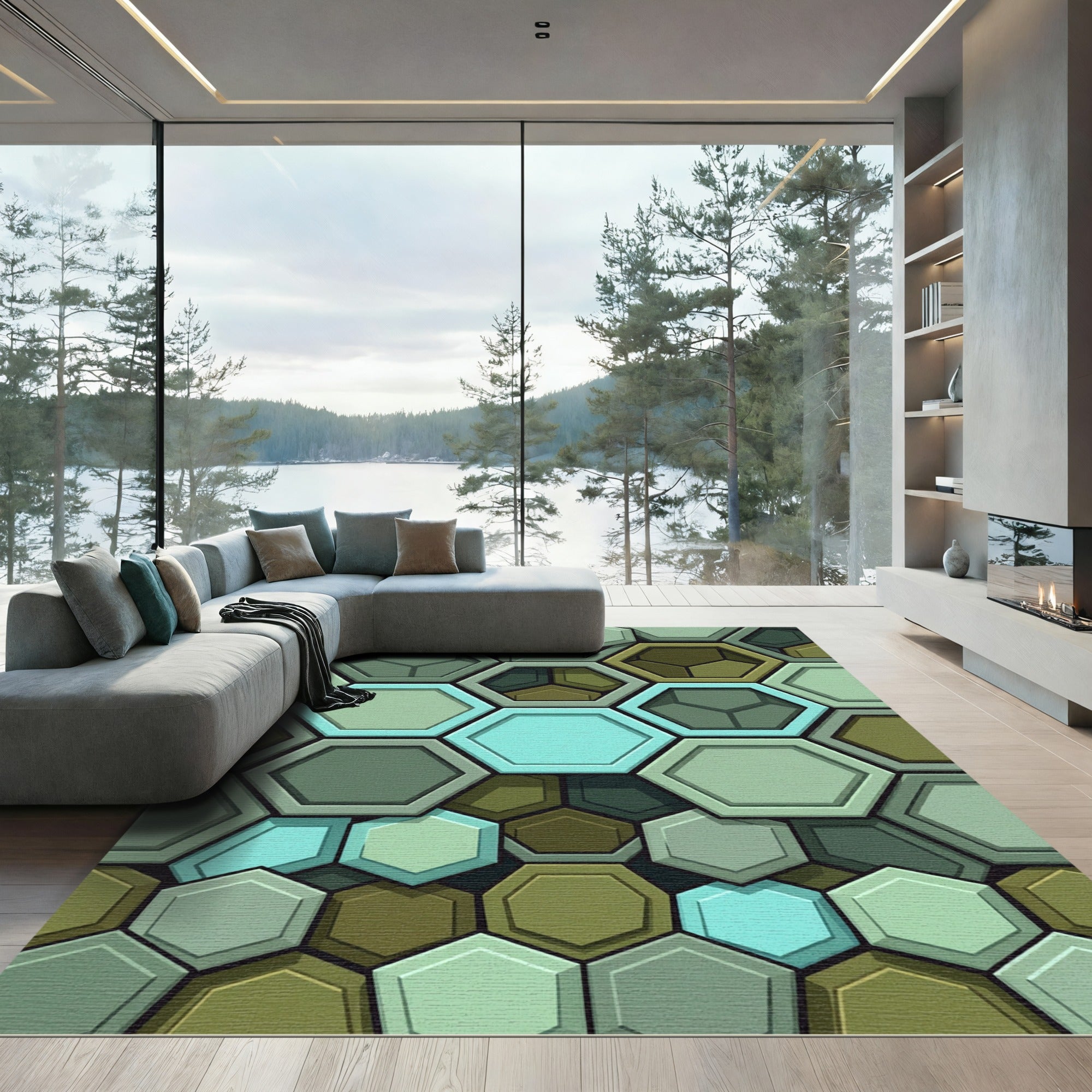 Modern Teal and Sage Hexagonal Grid Rug