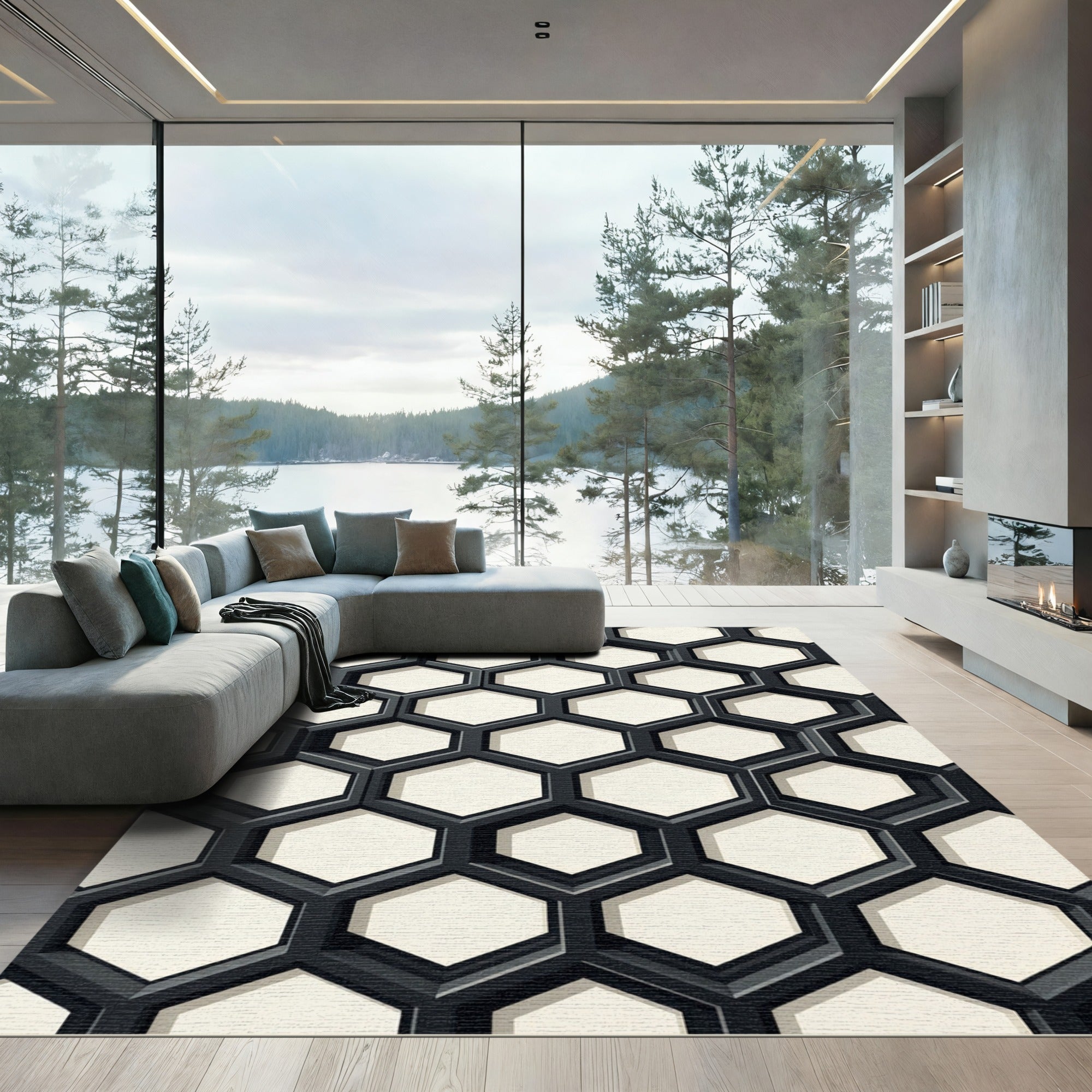 Modern Monochrome Interlocking Geometric Hexagon Rug