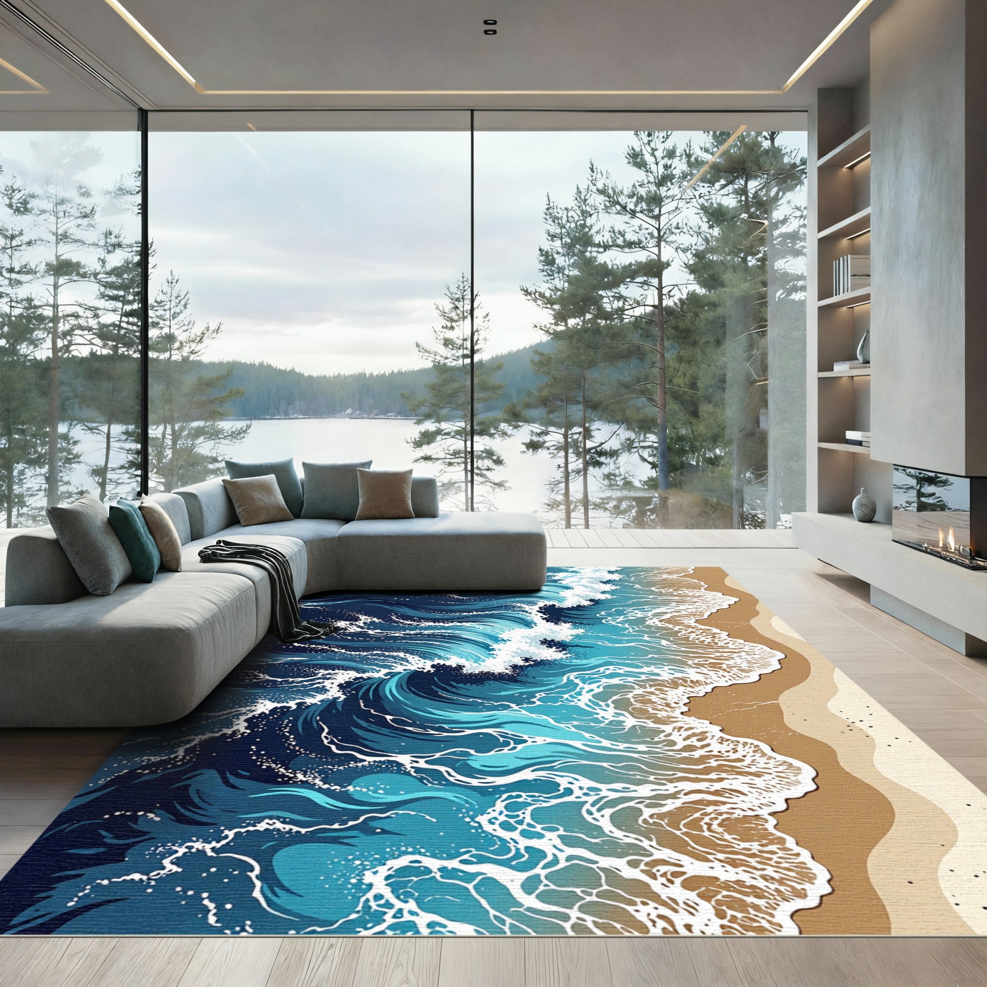 Coastal Azure Wave Abstract Oceanic Art Rug