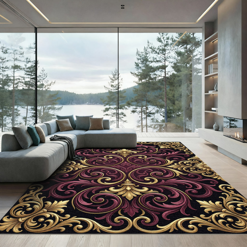 Ornate Burgundy Gold Baroque Scrollwork Rug